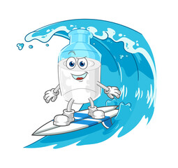 bottle of milk surfing character. cartoon mascot vector