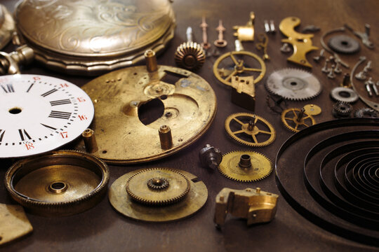 Vintage pocket watch mechanism parts. Details of clockwork mechanism close-up