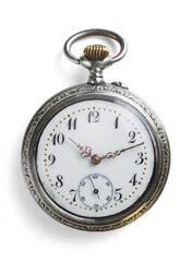 Plakat Silver antique pocket watch isolated on white. Clipping path included