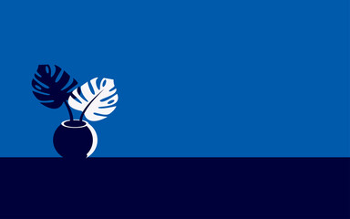 A pot of monstera leaves in minimal style in trendy colors.