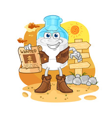 bottle of milk cowboy with wanted paper. cartoon mascot vector