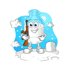 bottle of milk soldier in winter. character mascot vector