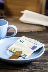 Restaurant tips or gratuity, euro banknotes and coins on plate - 511772176