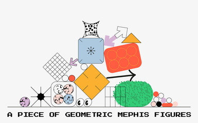 Bunch of geometric shapes and memphis figures . Vector linear illustration of creative process, app development, graphic design. 