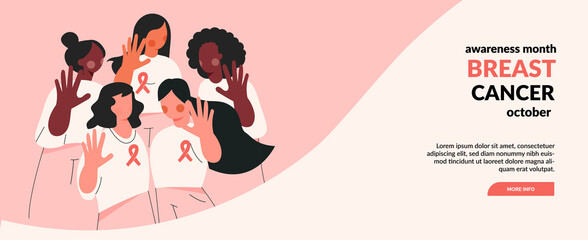 Breast Cancer awareness banner illustration. Faceless woman with pink ribbon. Pink october month female healthcare campaign solidarity web template design. Pinktober flat vector cartoon illustration - Powered by Adobe