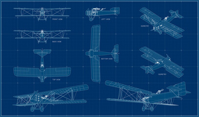 Double bomber of the First World War. French biplane of the beginning of the last century. Blueprint of a Bréguet 14 aircraft. Drawing with projections, isometry and perspective. - obrazy, fototapety, plakaty