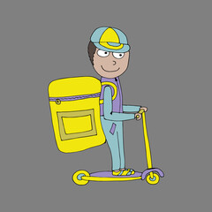 Courier on a scooter. The courier rides fast on a scooter. Vector graphics. Coloring for children and adults. Fashion courier. Cartoon. Comic courier.