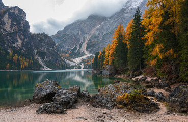 Autumn at lake Braies in Dolomites