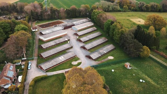 Complex of white buildings, poultry farm from a aerial view