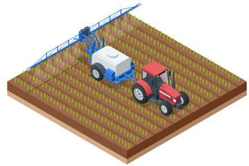 Isometric Tractor spraying pesticides on field. Insecticide herbicide chemicals in agriculture field - obrazy, fototapety, plakaty