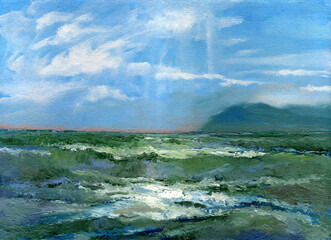 Seascape in oil. A wave illuminated by the sun, a mountain in the distance.