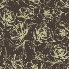 Botanical vector seamless pattern with hand-drawn globe flowers in brown color. All elements are isolated for easier editing. Texture for ceramic tile, wallpapers, wrapping gifts, textile print. 
