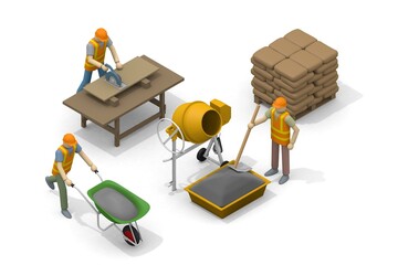 Build a house. People working at the construction site. Building materials. Cut the wood with a saw. Stack blocks.