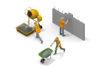 Build a house. People working at the construction site. Building materials. Cut the wood with a saw. Stack blocks.