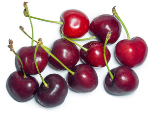   bright ripe cherries on a white background. Berries with a stem.