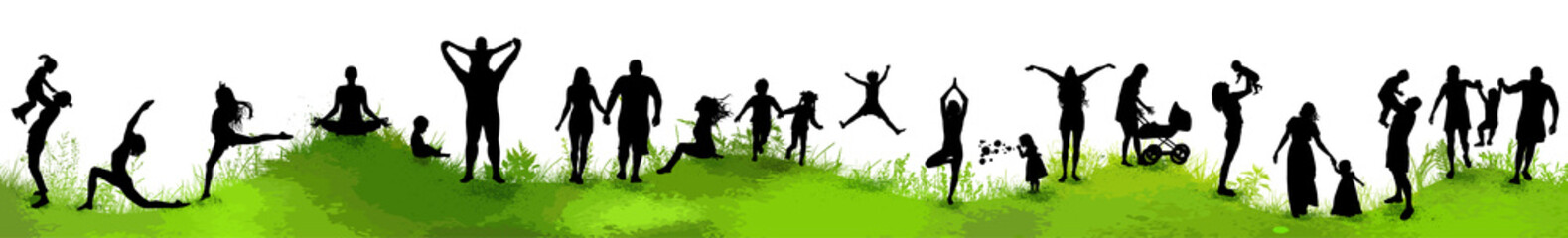 Family in nature. Silhouettes of people on the grass. Vector illustration