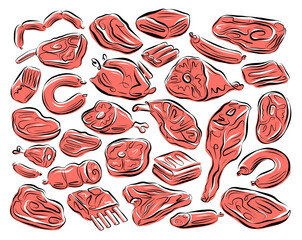 Meat set contour drawing. Farm food, butcher shop concept. Vector illustration