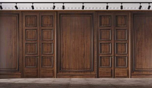 Classic empty room with walnut wood. Premium cabinet. 3d illustration