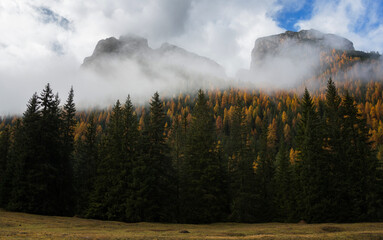 Foggy day in the Dolomites mountains