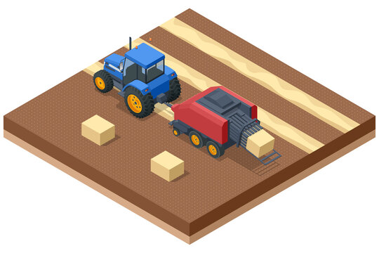 Isometric Tractors Mowing, Raking, Baling Hay. Hay stacks after harvesting grain crops. Tractor with yellow big square baler.