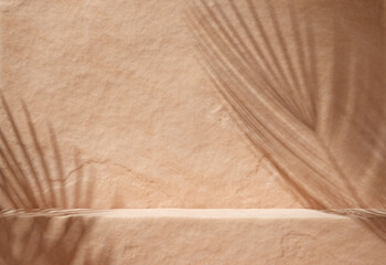 Ancient stone podium with shadows of palm trees. Scene for display product. 3d illustration.