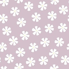 Floral seamless pattern. White flat flowers on pastel purple background. Botanicals. Summer print 