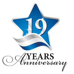 19 years anniversary isolated blue star silver white blue flag ribbon logo icon