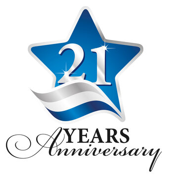 21 years anniversary isolated blue star silver white blue flag ribbon logo icon