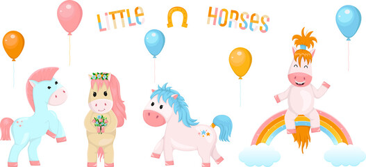Vector set of cute cartoon ponies, for children, on a white background.