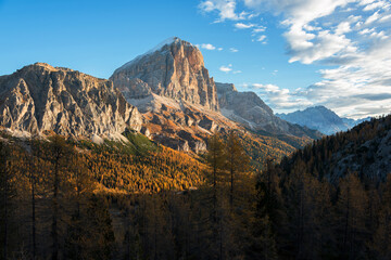Autumn scenery by the lake in Dolomites