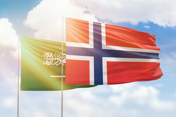 Sunny blue sky and flags of norway and saudi arabia