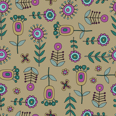 Floral print. Flowers on a beige background. Pink flowers. Fabulously beautiful flowers. Seamless pattern with flowers. Textile. Wrapping paper. Textile . Vector. Freehand drawing