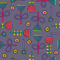Floral print. Pink flowers. Flowers on a purple background. Fabulously beautiful flowers. Vector. Seamless pattern with flowers. Textile. Wrapping paper. Textile . Freehand drawing