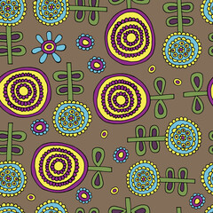 Floral print. Pink flowers. Flowers on a brown background. Flowers from a fairy tale. Vector. Seamless pattern with flowers. Textile. Wrapping paper. Textile . Freehand drawing