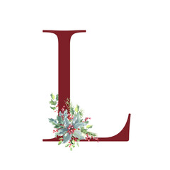 Watercolor Christmas Floral Alphabet red letter L with floral bouquet, Winter Holiday Animal botanical illustration. Monogram initials for wedding stationery, nursery, greeting card, logo, poster,