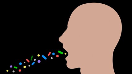 Person swallowing pills . 3d render illustration flat solid colors isolated on black background