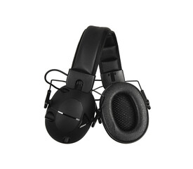 Protective headphones on a white. Safety equipment. Headphones for noise reduction. Light back.