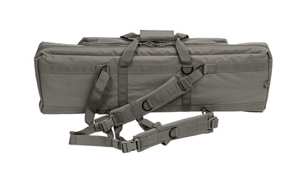 Soft light beige gun case with extra pockets. Bag for storing and transporting weapons. Isolate on a white back.