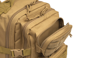 Modern tactical backpack with zippers and additional pockets. Large secure bag. Isolate on a white...