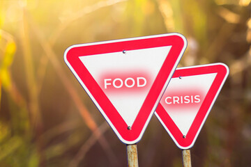 Food crisis concept. Two red road signs. Defocus blank empty triangle red warning road sign on blurred nature background. Hunger problem. Human disaster. Cost bread. World crisis. Out of focus