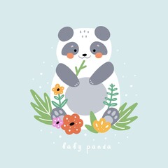 Children's print : baby panda. Vector illustration, hand-drawn for posters, postcards, labels, brochures, leaflets, pages, banners, children's clothing and room. Cute panda cub in flowers.