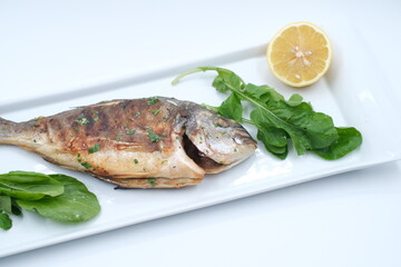 Grilled fish with lemon slice and fresh arugula on plate
