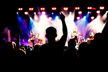 Fototapeta na wymiar A crowd of happy people raising up hands at an open-air rock concert.