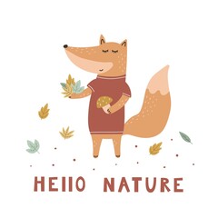 Cute children's print with fox, leaves. Hand-drawn vector illustration in Scandinavian style for a typographic poster, postcard, label, leaflet, page, banner, children's clothing, children's room.