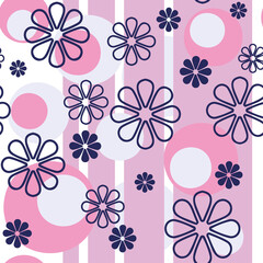 vector pattern 1970s, contrasting bright geometric with contours of flowers on a pink background