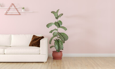 render de design de interior de sala de estar com decoração minimalista, tendo parede rosa como destaque. Sofá de cor clara assim como prateleiras claras para deixar o ambiente relaxante e confortável