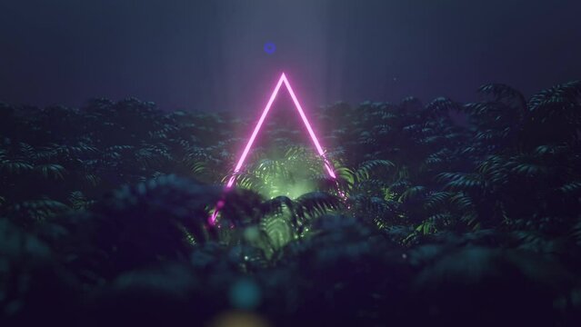Retrowave triangle shaped glowing frame, play of light and glare, moving grass and leaves