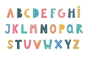 A set of colorful vector alphabets, letter fonts with hand-drawn elements in Scandinavian style for children. For printing house, poster, postcard, label, brochure, leaflet, page, banner.