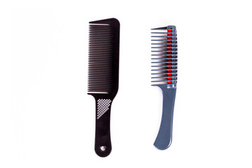 Double hairstyling comb. Wavy toothed comb, hair styling set, in black and blue, isolated with white background