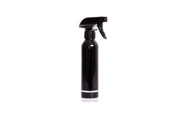 Blank barber trigger hair spray bottle. Cosmetic for hair salon concept. White Background hair spray, black color
